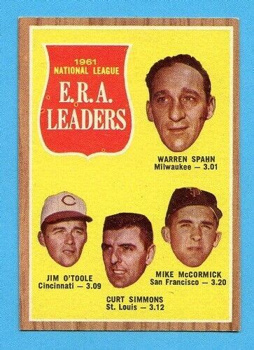 Amazon Com 1962 Topps 56 Nl Era Leaders Warren Spahn Jim O Toole Curt Simmons Mike Mccormick Psa 6 Graded Baseball Card Mlb N L E R A National League Collectibles Fine Art