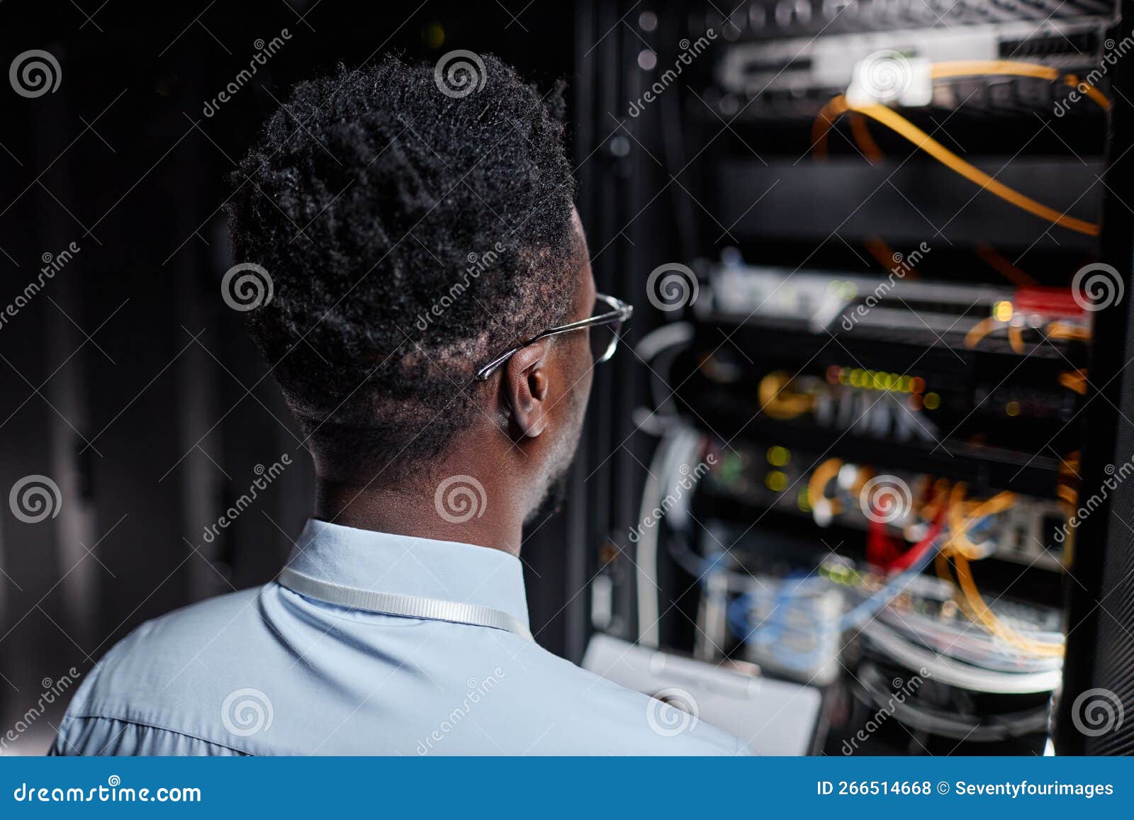 Back View Network Engineer Working With Server Cabinet In Data Center