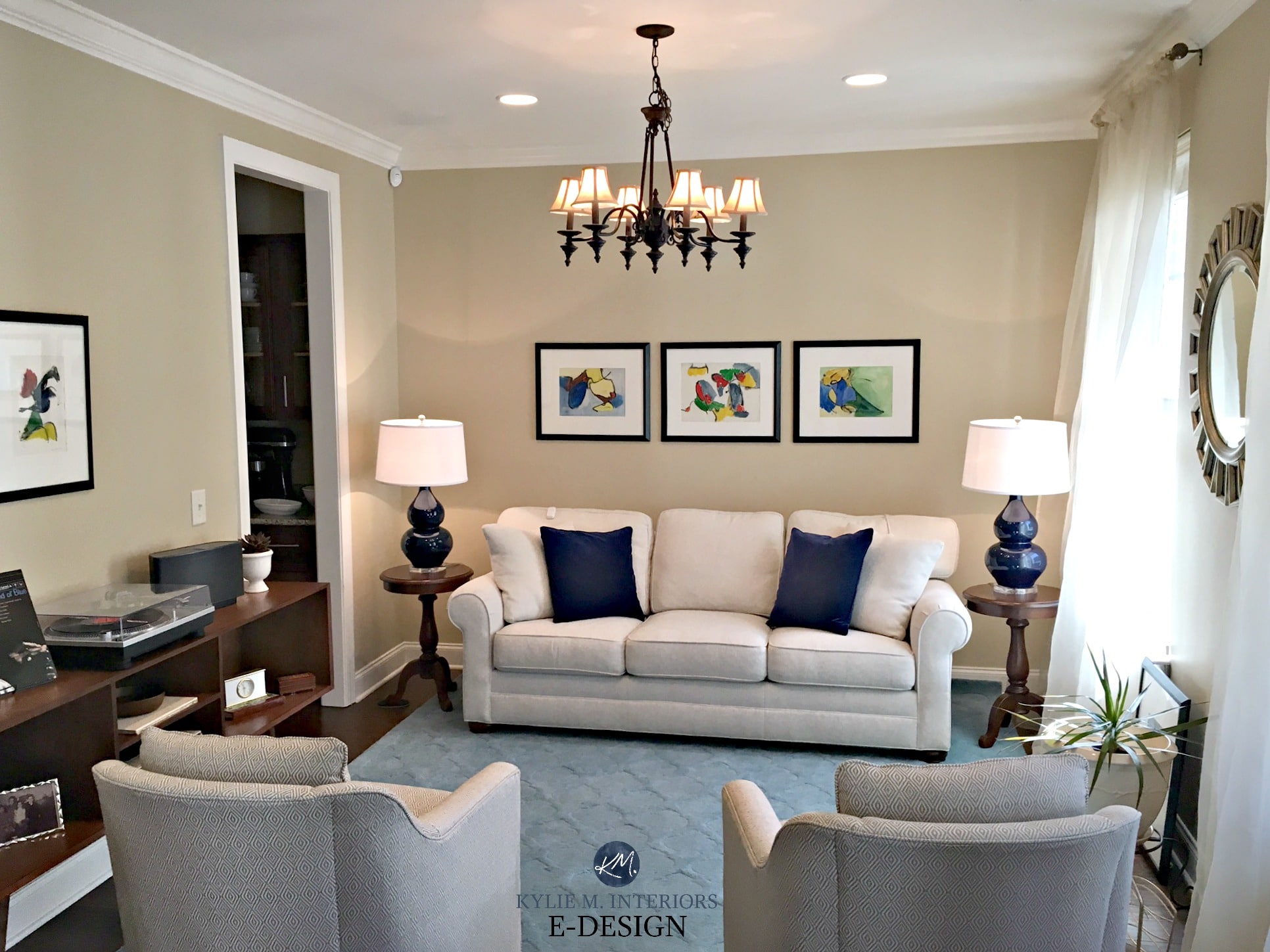 Home Staging In Living Room With Balance Navy Blue Accents Similar To Sherwin Williams Sandbar