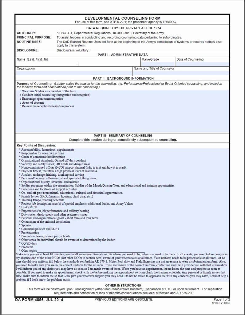 Initial Counseling Sample Army